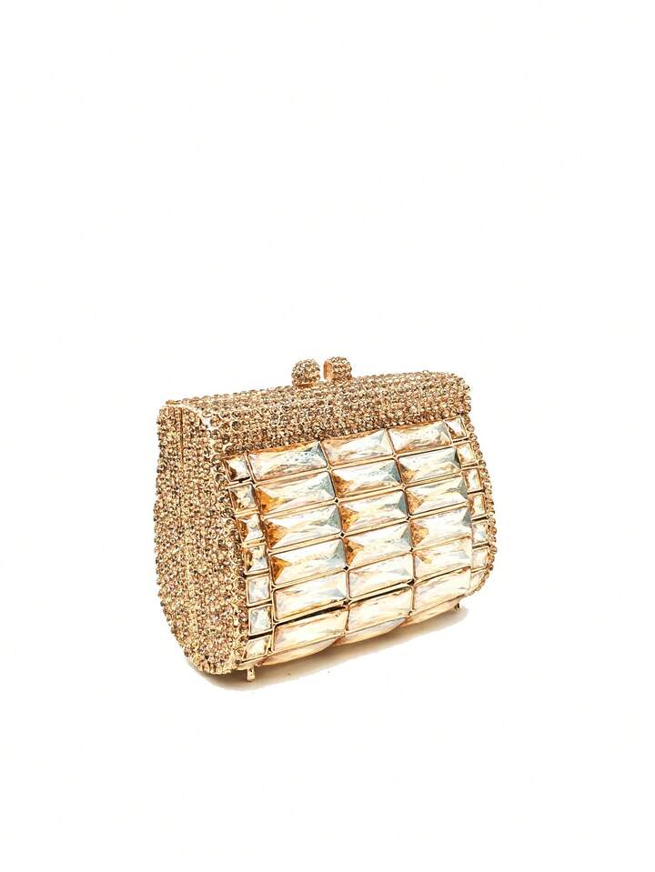 CM-BGS417135 Women Elegant Seoul Style Mini Square Gold Rhinestone Hollow Out Crystal Clutch Bag - Gold