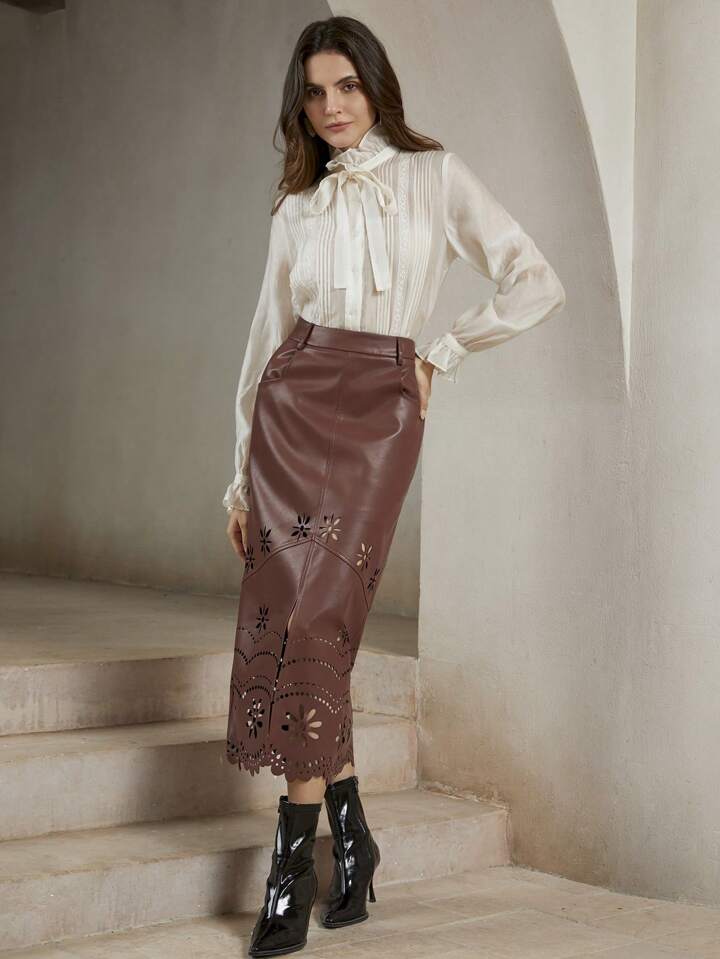 CM-BS336666 Women Elegant Seoul Style  PU Leather Midi A-Line Skinny Skirt - Coffee