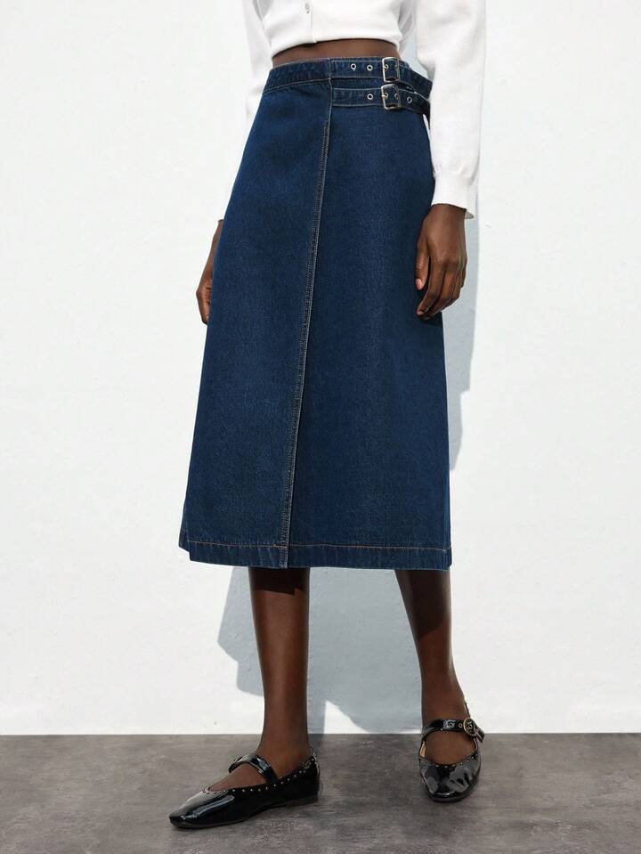 CM-BS200224 Women Casual Seoul Style Dark Wash Mid Waist Side Buckle Design A-Line Midi Denim Skirt