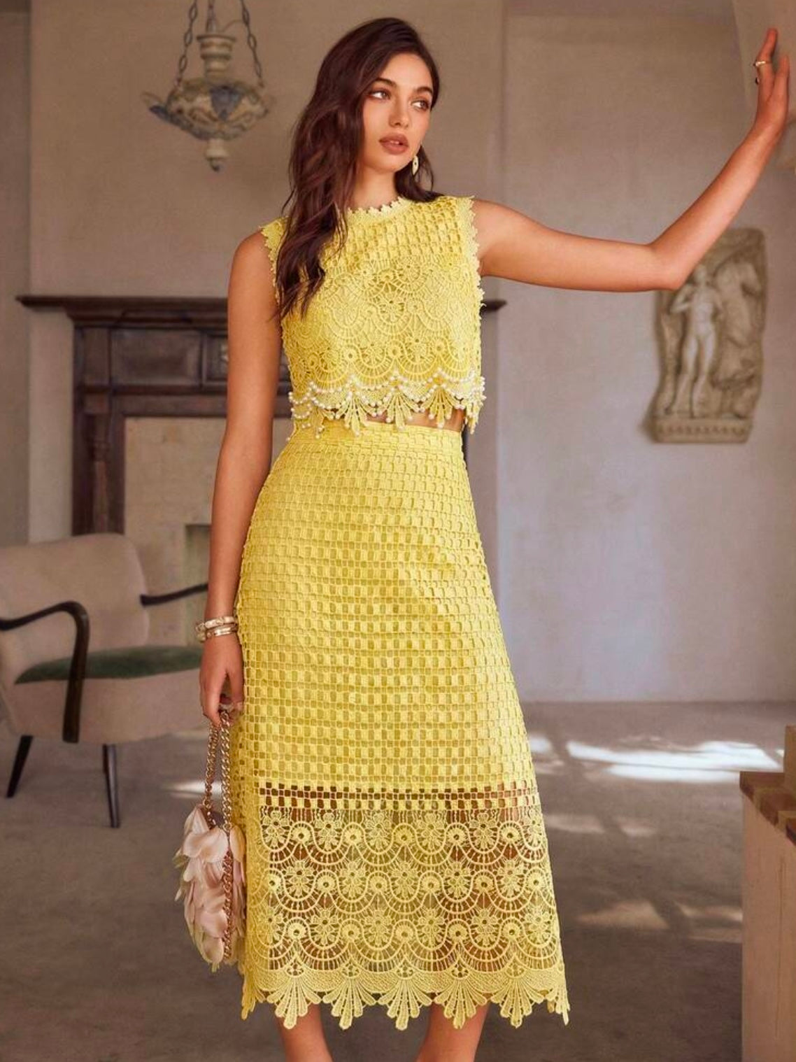 CM-SS980963 Women Elegant Seoul Style Round Neck Sleeveless Pearl Decor Hollow Lace Trim Top With Long Skirt - Set