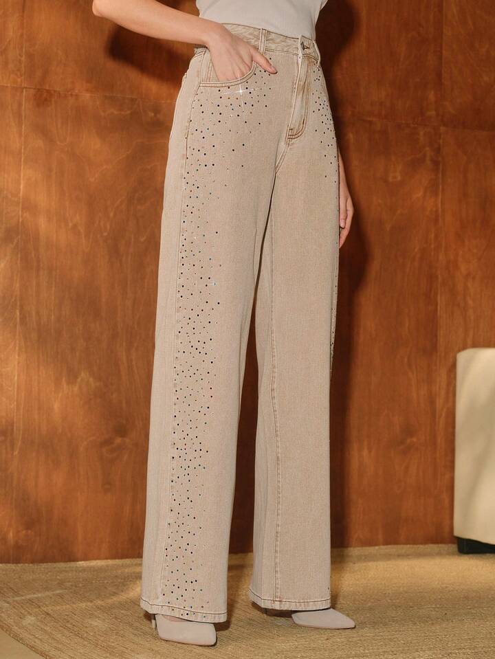 CM-BS742256 Women Casual Seoul Style Mid Waist Rhinestone Embellished Straight Leg Pants - Apricot