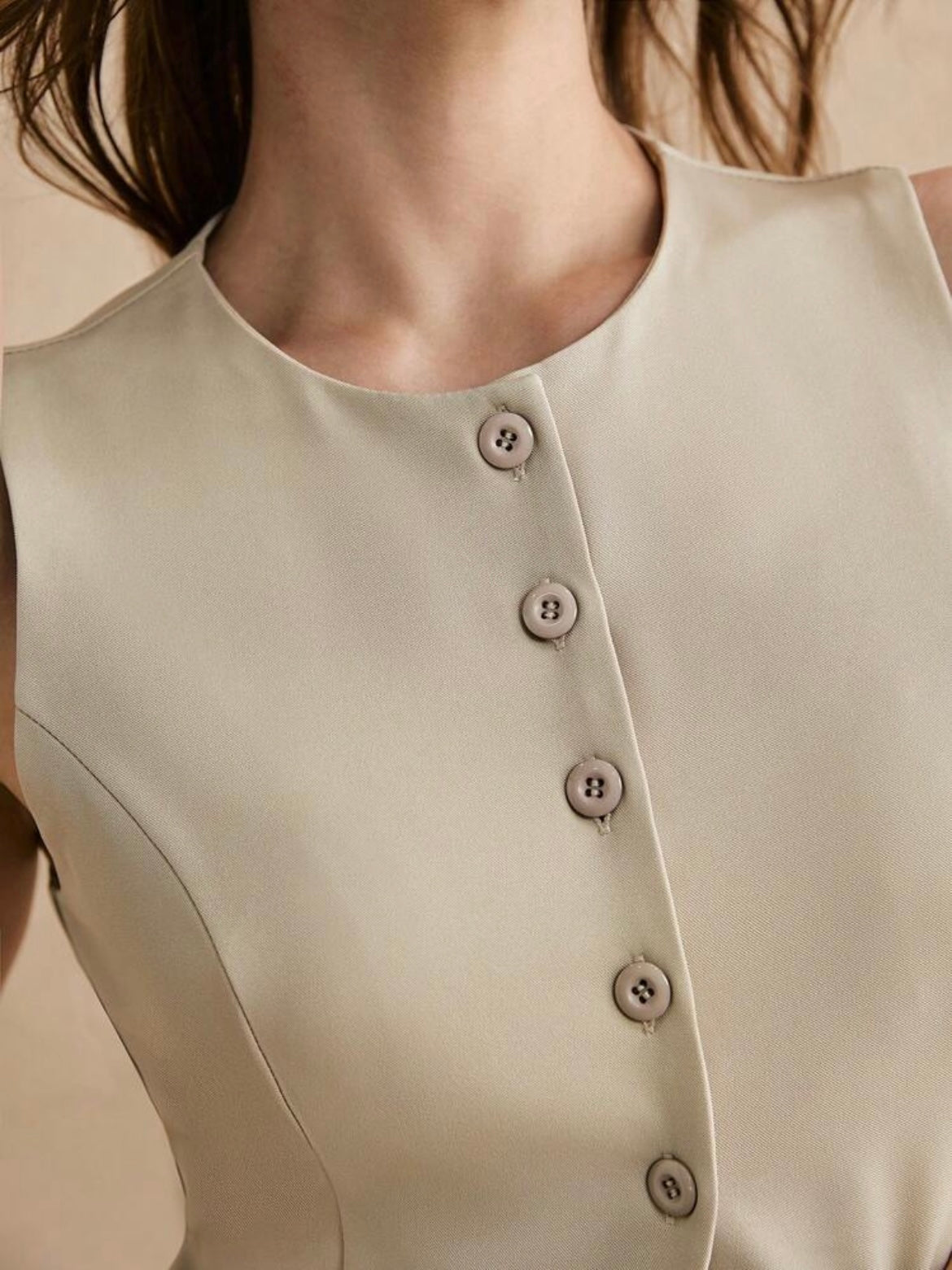 CM-TS536115 Women Casual Seoul Style Round Neck Single-Breasted Sleeveless Shirt - Apricot
