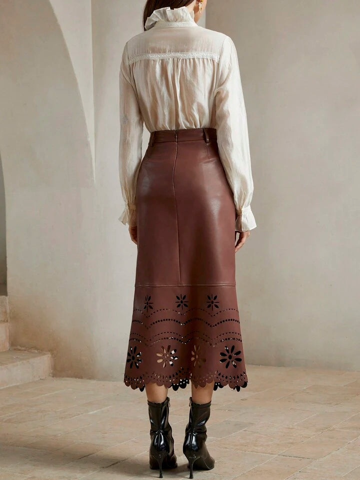 CM-BS336666 Women Elegant Seoul Style  PU Leather Midi A-Line Skinny Skirt - Coffee