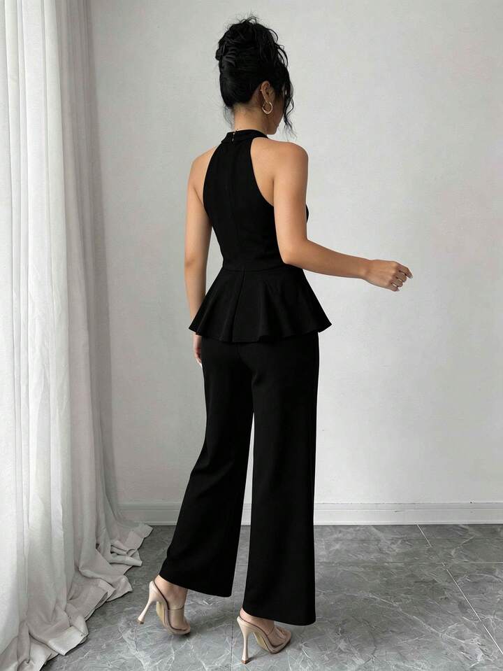 CM-JS958594 Women Elegant Seoul Style Halter Cutout Shoulder Applique Slim Fit Jumpsuit - Black