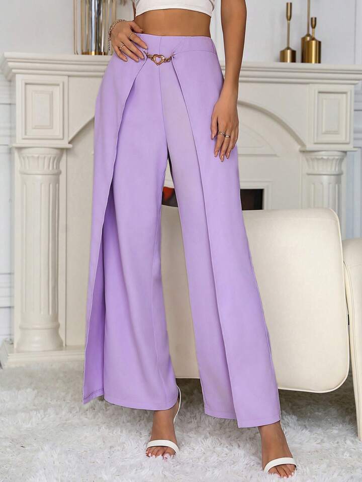 CM-BS866349 Women Casual Seoul Style Heart Shaped Ring Decor Wide Leg Pants - Purple