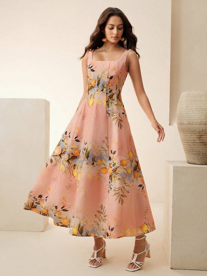 CM-DS571404 Women Trendy Bohemian Style Lemon Print Square Neck Sleeveless Mid Waist Maxi Dress