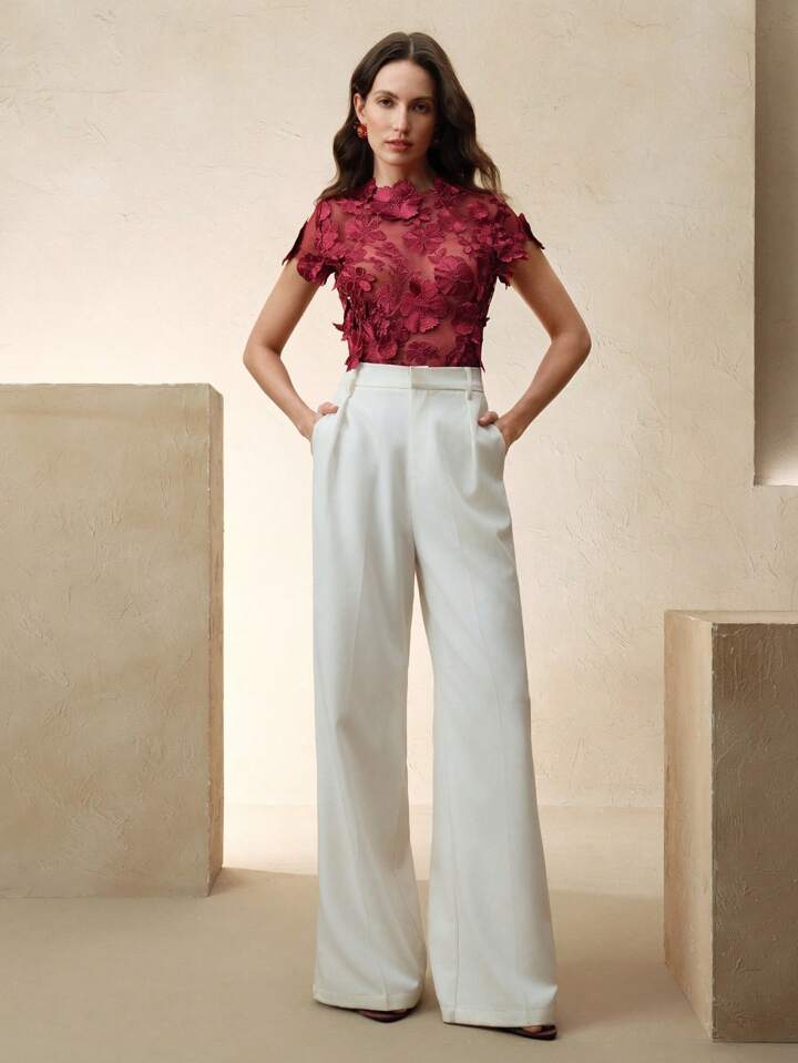 CM-TS380489 Women Elegant Seoul Style Round Neck Flounce Sleeve Embroidery Floral Applique Blouse - Rose Red