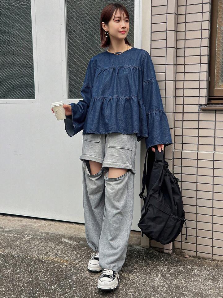 CM-TS499637 Women Casual Seoul Style Solid Color Ruffled Hem Crew Neck Denim Pleated Blouse - Blue