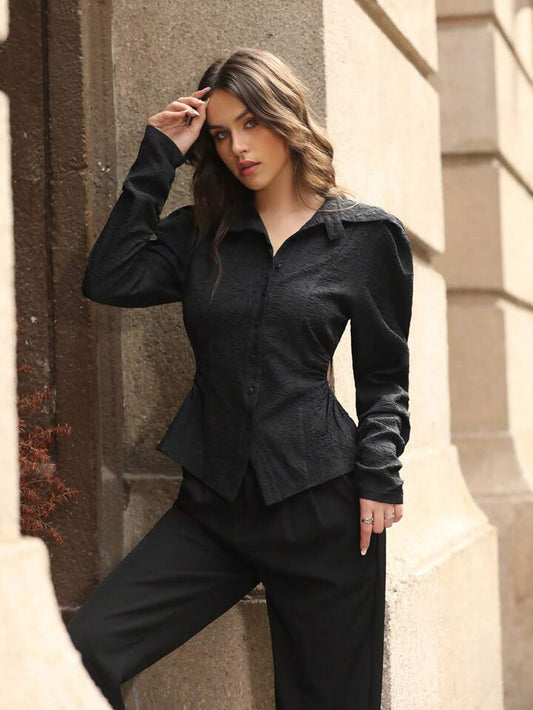 CM-TS748914 Women Elegant Seoul Style Collar Neckline Hollow Out Waist Gathered Shirt - Black
