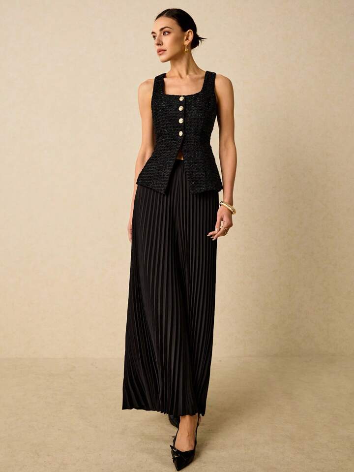 CM-SS552264 Women Elegant Seoul Style Single-Breasted Square Neck Vest With Pleated Midi Skirt - Set