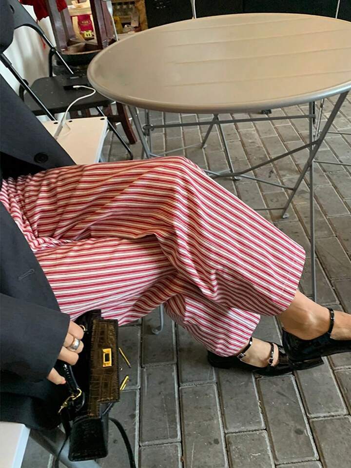 CM-BS350389 Women Casual Seoul Style Striped Loose Straight Leg Pants