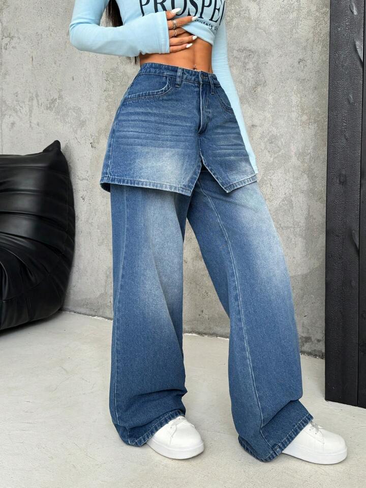 CM-BS529987 Women Casual Seoul Style Medium Wash Fake Two Piece Flares Loose Jeans