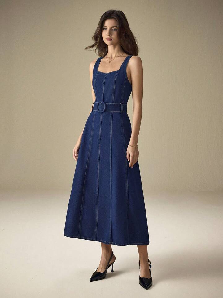 CM-DS438008 Women Elegant Seoul Style Straps Neckline Sleeveless High Waist Denim Dress - Blue