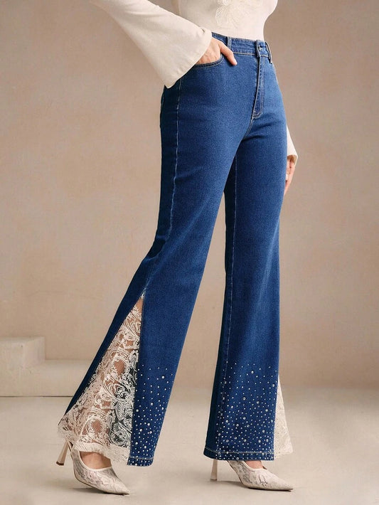 CM-BS614405 Women CAsual Seoul Style Lace Rhinestone Embellished Skinny Flared Leg Pants - Blue