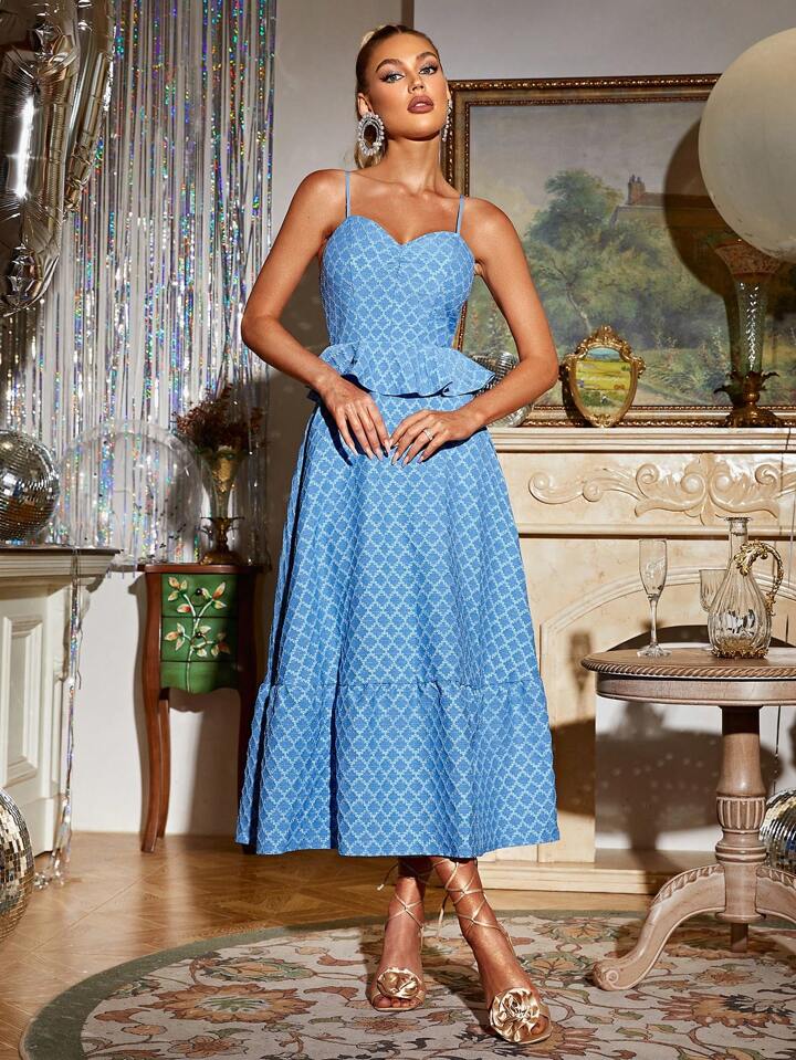 CM-DS261771 Women Elegant Seoul Style Backless Ruffle Decorated Spaghetti Strap Dress - Blue