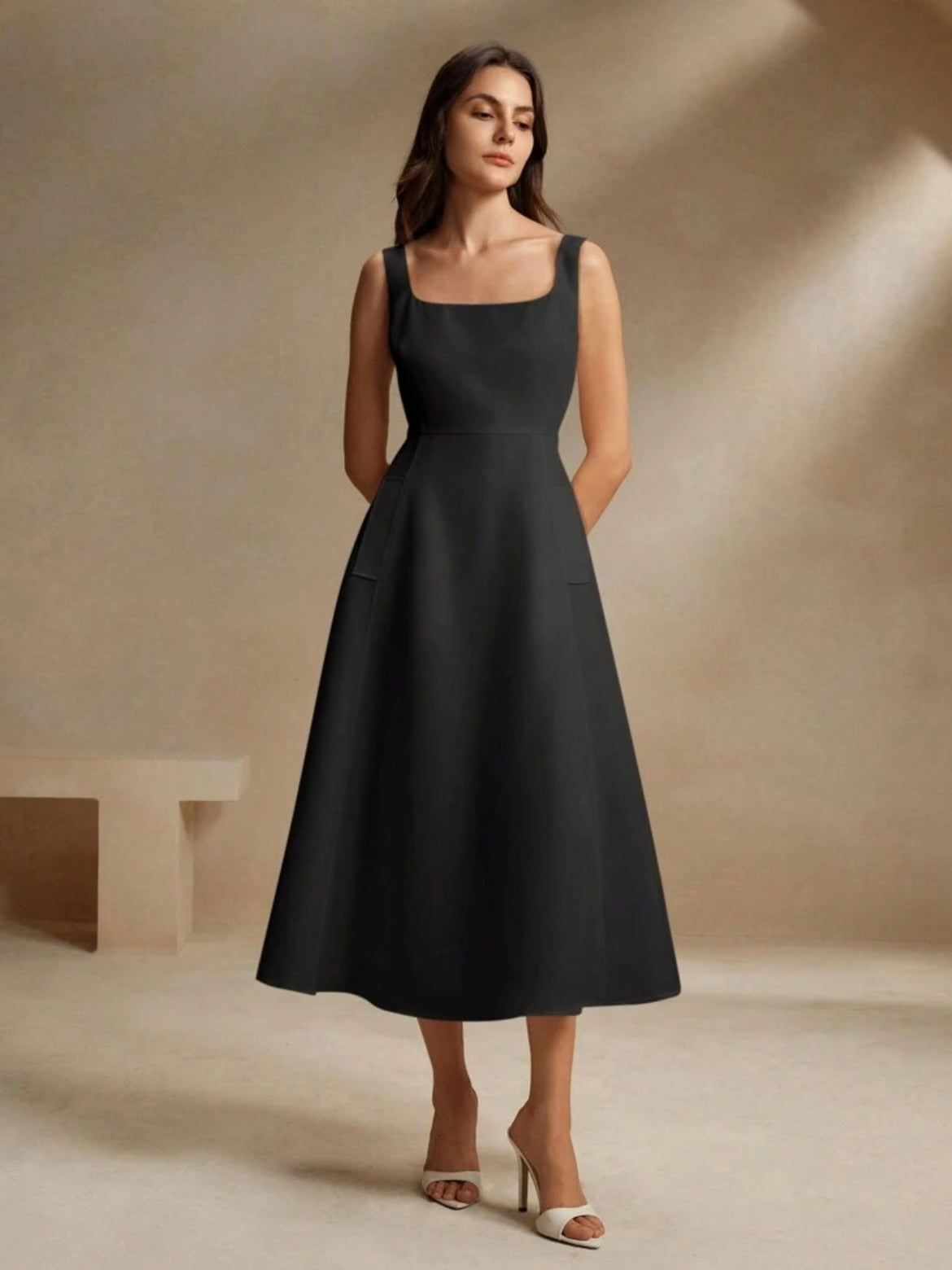 CM-DS387381 Women Elegant Seoul Style Square Neck Strap A-Line Cinched Waist Flattering Dress - Black