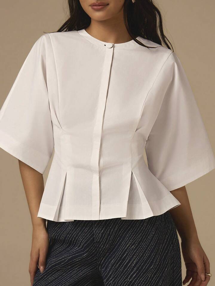 CM-TS905303 Women Casual Seoul Style Solid Color Round Neck Pleated Waist 3/4 Sleeve Blouse - White