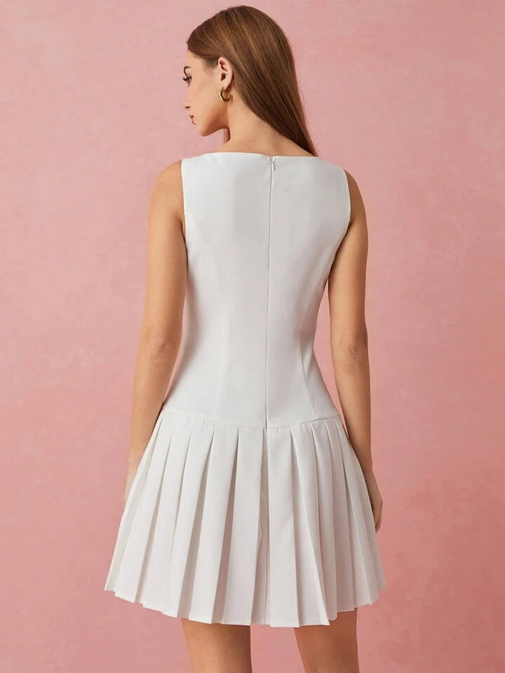 CM-DS155398 Women Elegant Seoul Style Metal Buttons Decor Pleated Hem Sleeveless Mini Dress - White