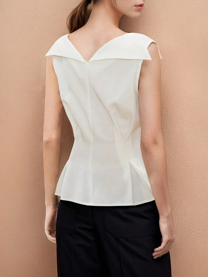 CM-TS527496 Women Eleagnt Seoul Style Front Button Sleeveless Ruffle Hem Shirt - White