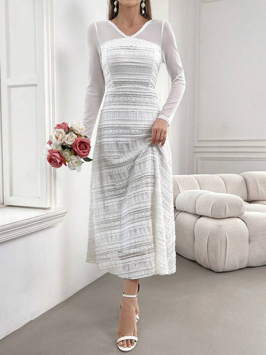 CM-DS290595 Women Elegant Seoul Style V-Neck Mesh Lace Splice Long Sleeve Maxi Dress - Beige