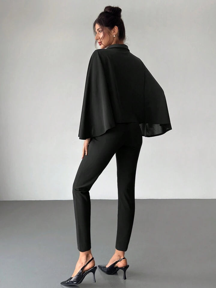 CM-JS147443 Women Elegant Seoul Style Suit Collar Cape Sleeve Slim Long Jumpsuit - Black