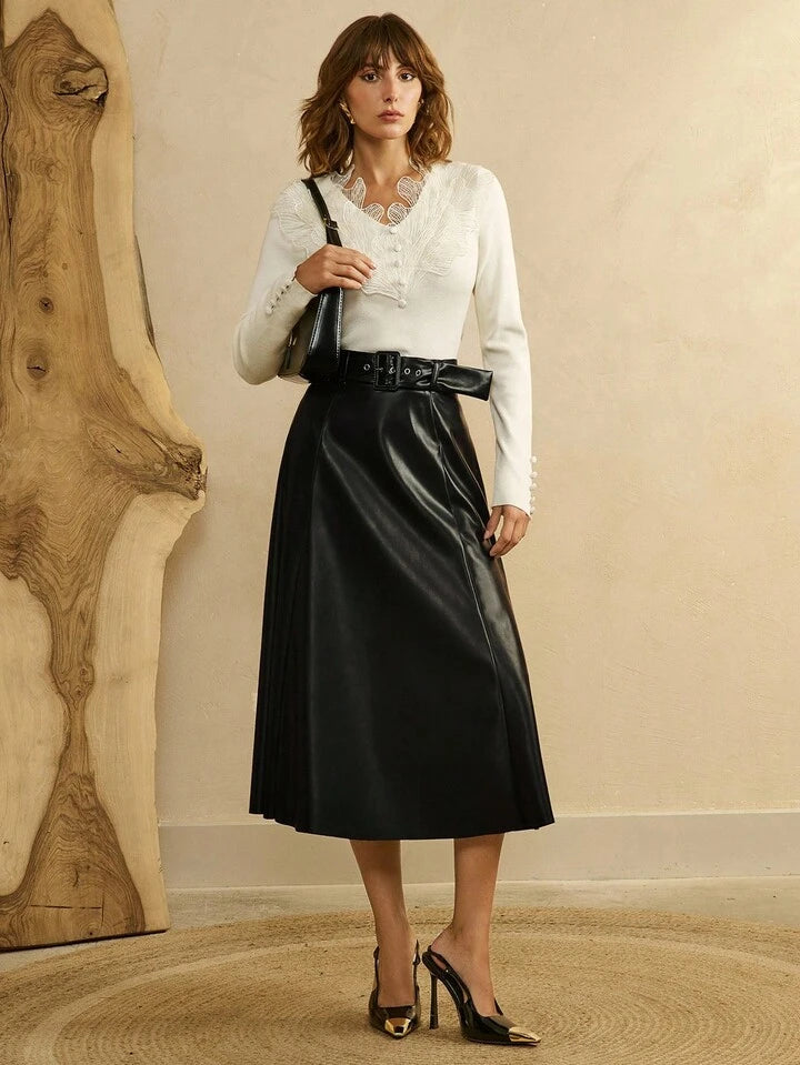 CM-CS100055 Women Elegant Seoul Style V-Neck Lace Petal Placket Cuffs Mushroom Button Long-Sleeved Sweater Top