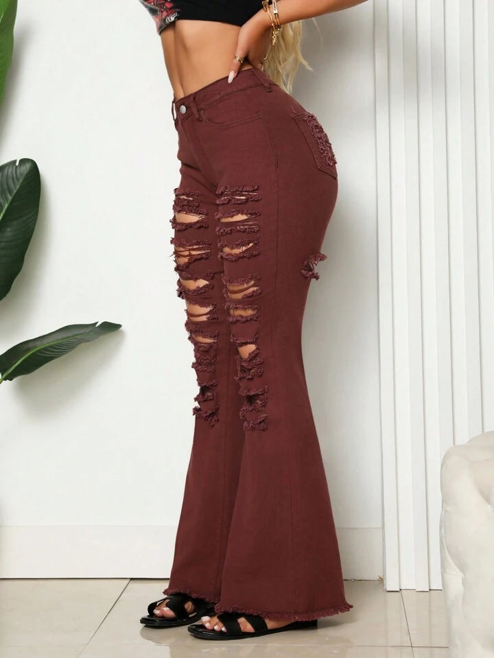 CM-BS567564 Women Casual Seoul Style Pocket Distressed Skinny Flared Jeans - Burgundy