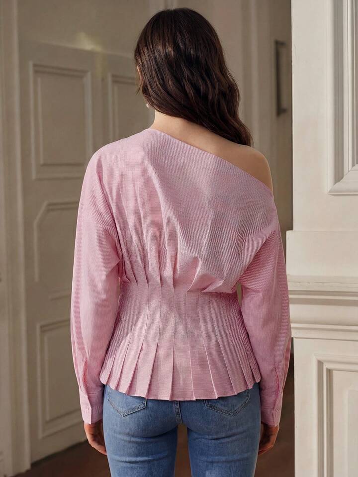 CM-TS377827 Women Elegant Seoul Style Pleated Asymmetric Shoulder Striped Long Sleeve Top - Pink