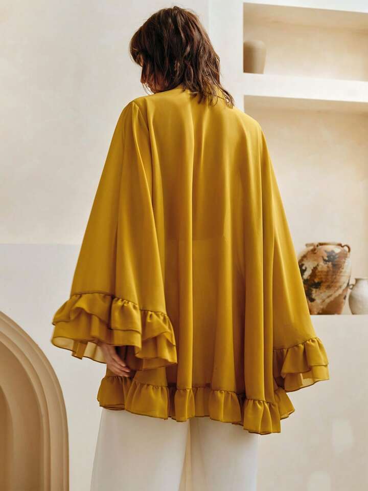CM-TS466804 Women Elegant Seoul Style Chiffon Ruffle Hem V-Neck Bowknot Long Loose Blouse