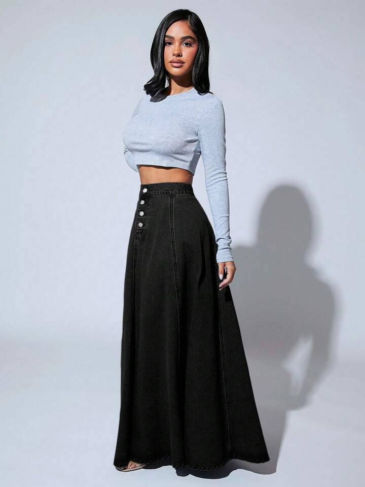 CM-BS790210 Women Casual Seoul Style High Waist Button Front Extra Long Denim Skirt - Black