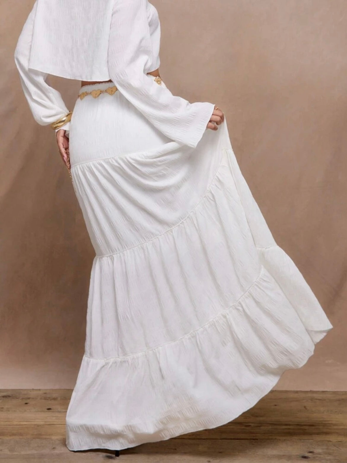 CM-BS100100 Women Trendy Bohemian Style Textured Woven Tiered Maxi Skirt - White