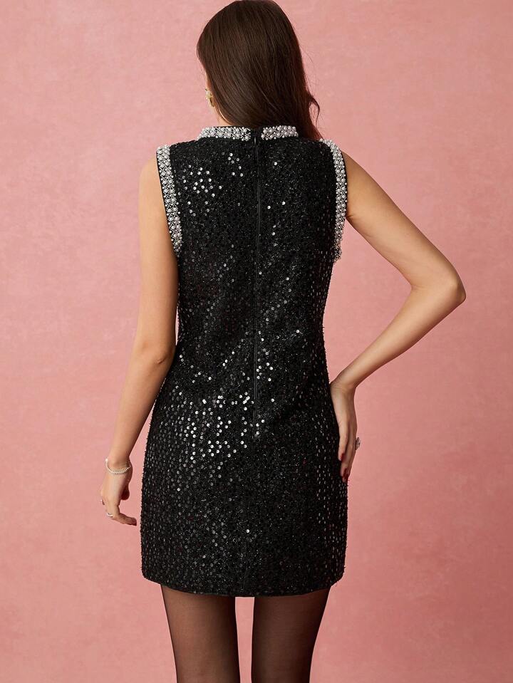CM-DS015512 Women Elegant Seoul Style Rhinestone And Sequin Decor Sleeveless Mini Dress - Black