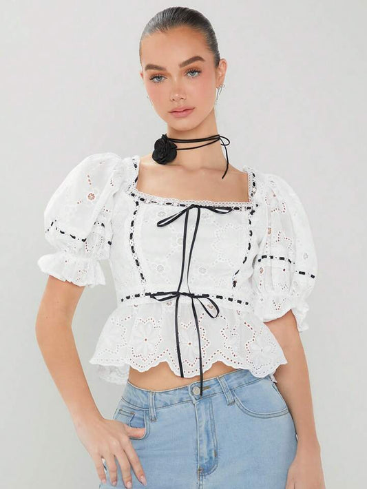 CM-TS202231 Women Trendy Bohemian Style Hollow Out Embroidery Lace Up Square Neck Blouse