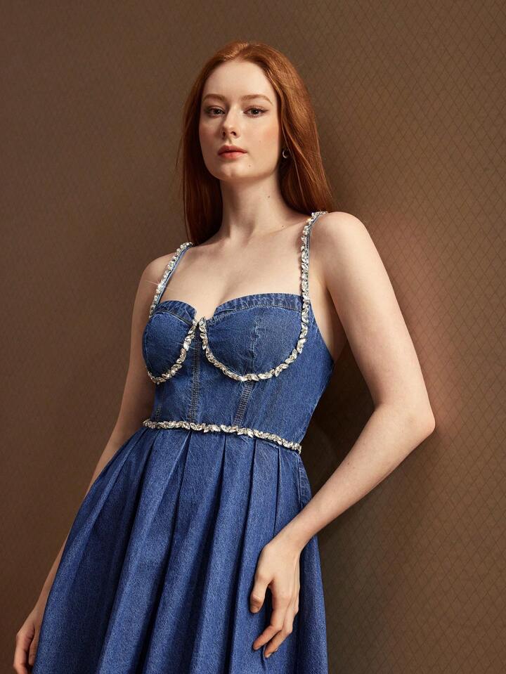 CM-DS808228 Women Elegant Seoul Style Rhinestone Chain Design Sleeveless Denim Mini Dress - Blue