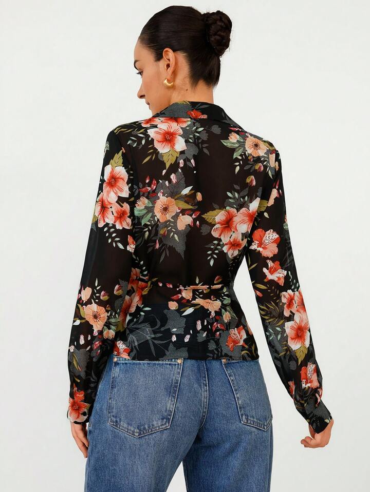 CM-TS572213 Women Casual Seoul Style Lapel Neckline Chiffon All-Over Print Tie Waist Long Sleeve Shirt