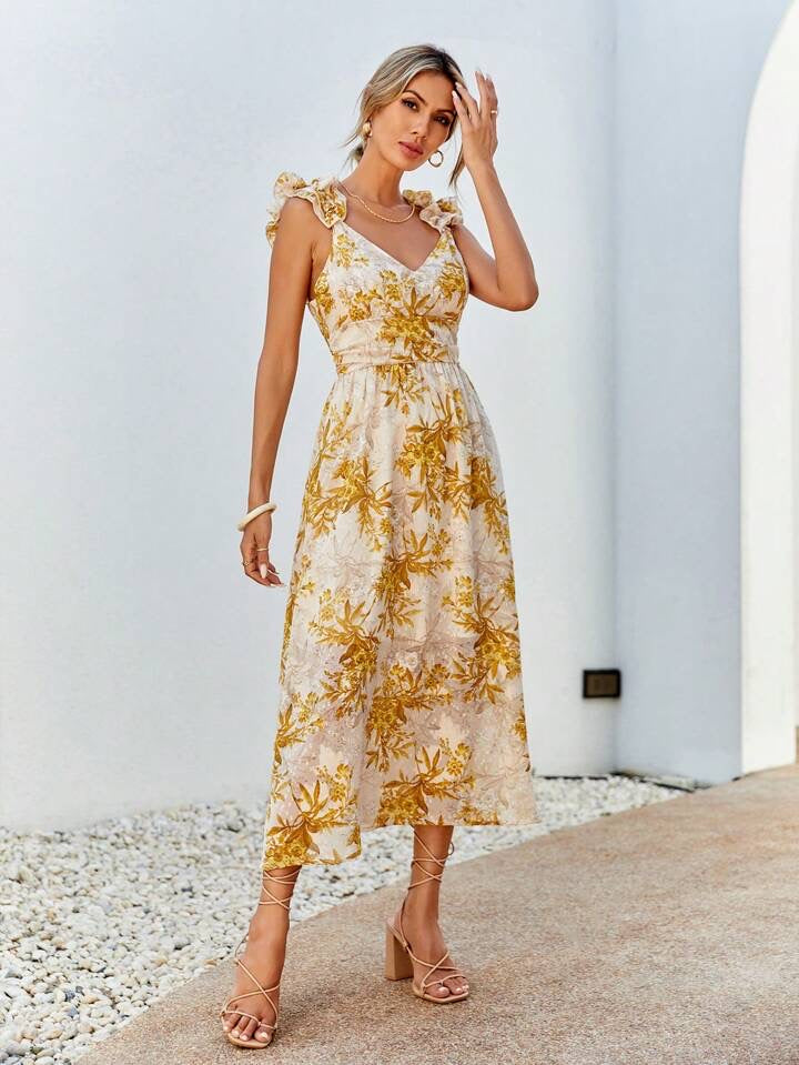 CM-DS942809 Women Trendy Bohemian Style Plant Printed Spaghetti Strap A-Line Dress