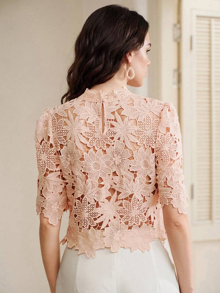 CM-TS151410 Women Elegant Seoul Style Collar Lace Cropped Floral Hollow Out Petal Sleeve Top - Pink