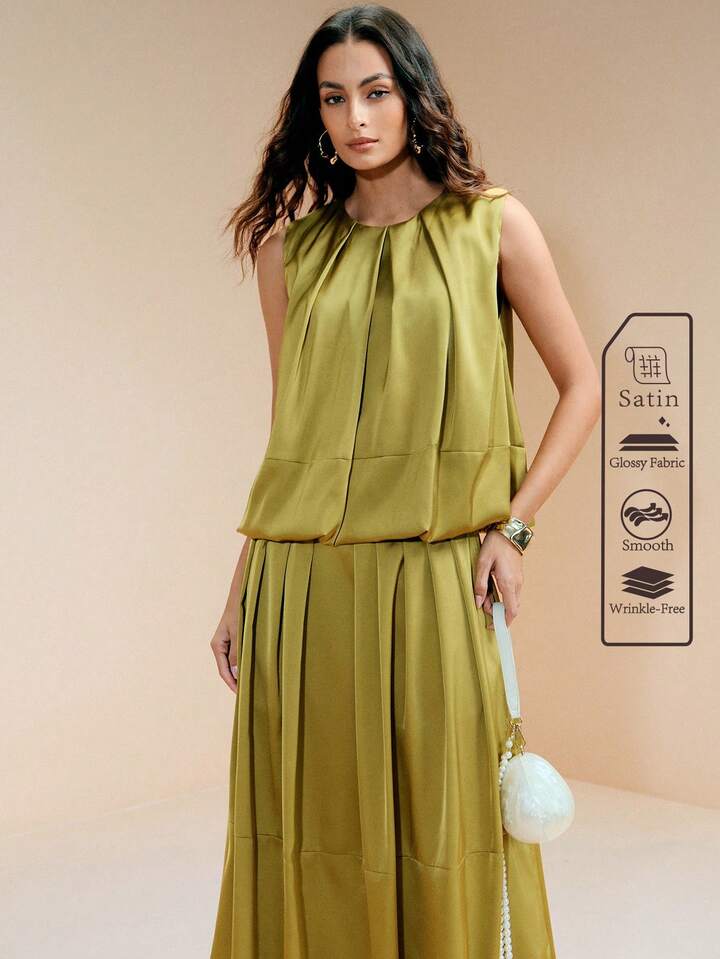 CM-SS530092 Women Elegant Seoul Style Round Neck Pleated Sleeveless Top With High Waist Peplum Skirt - Set