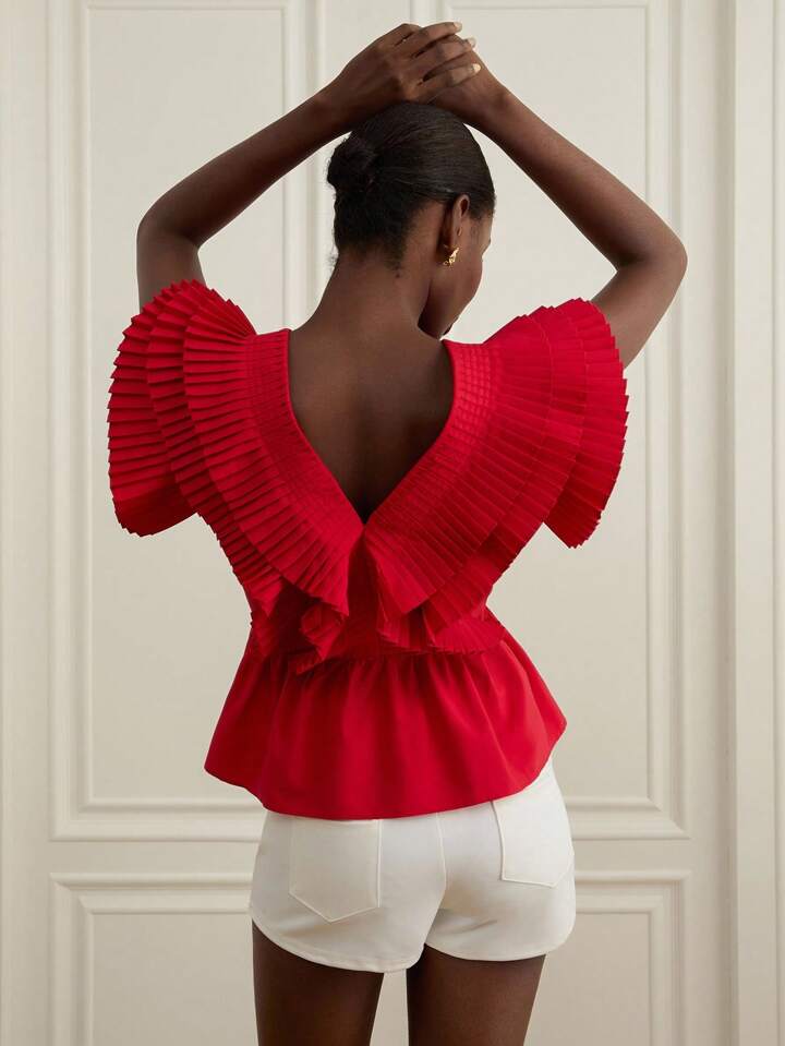 CM-TS888920 Women Elegant Seoul Style V-Neck Flounce Sleeve Multi-Layer Ruffle Pleated Blouse - Red