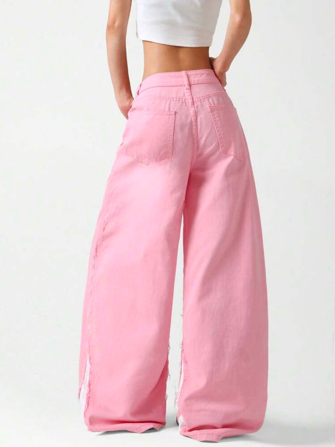 CM-BS311893 Women Casual Seoul Style Mid Waist Printed Patchwork Loose Wide Leg Denim Jeans - Pink