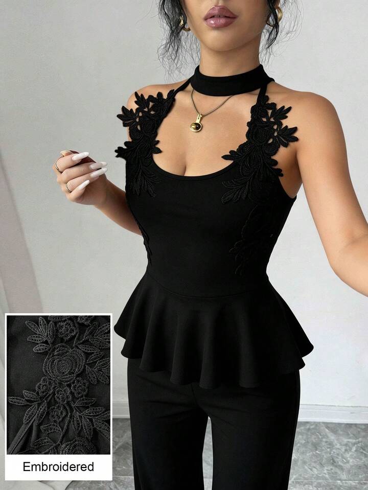 CM-JS958594 Women Elegant Seoul Style Halter Cutout Shoulder Applique Slim Fit Jumpsuit - Black