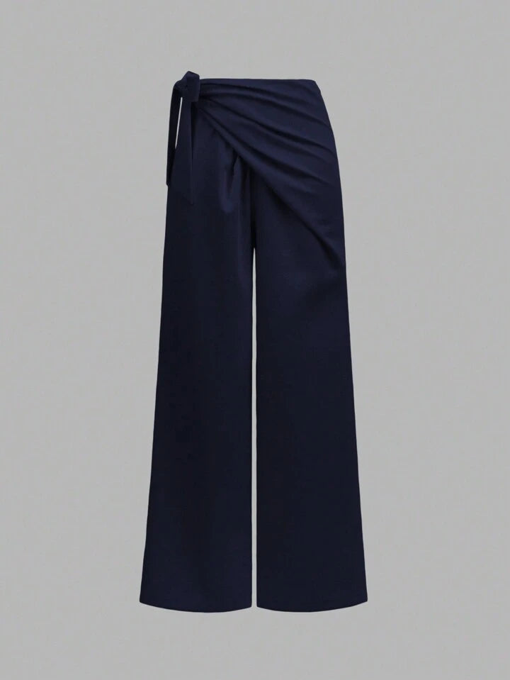 CM-BS776837 Women Casual Seoul Style High Waist Linen-Like Tie Waist Wide Leg Pants - Navy Blue