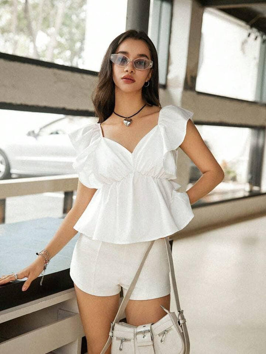 CM-TS205695 Women Casual Seoul Style Ruffle Trim Sleeveless Pleated A-Line Blouse - White