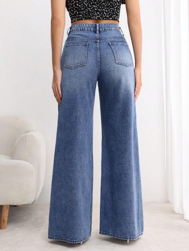 CM-BS966802 Women Elegant Seoul Style Medium Wash Button Front Pocket Loose Wide Leg Jeans