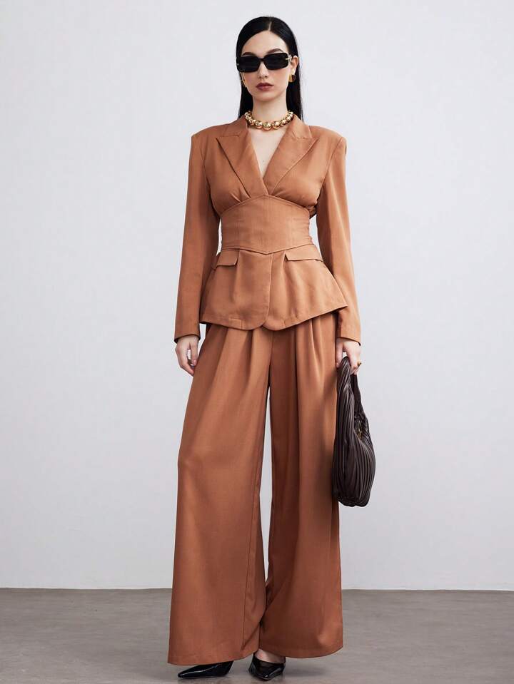 CM-SS265938 Women Elegant Seoul Style Shawl Collar Blazer Suit With Waist Band Long Pants - Set