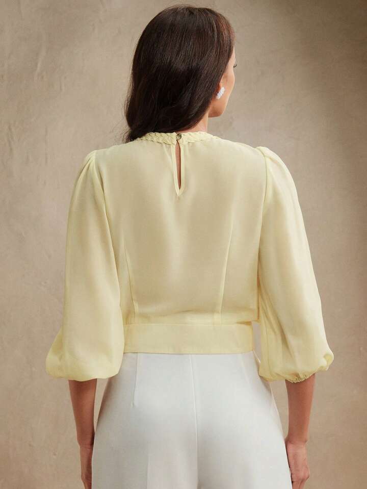 CM-TS652461 Women Elegant Seoul Style Cable Knit Round Neck Pleated Lantern Sleeve Slim Fit Blouse - Yellow