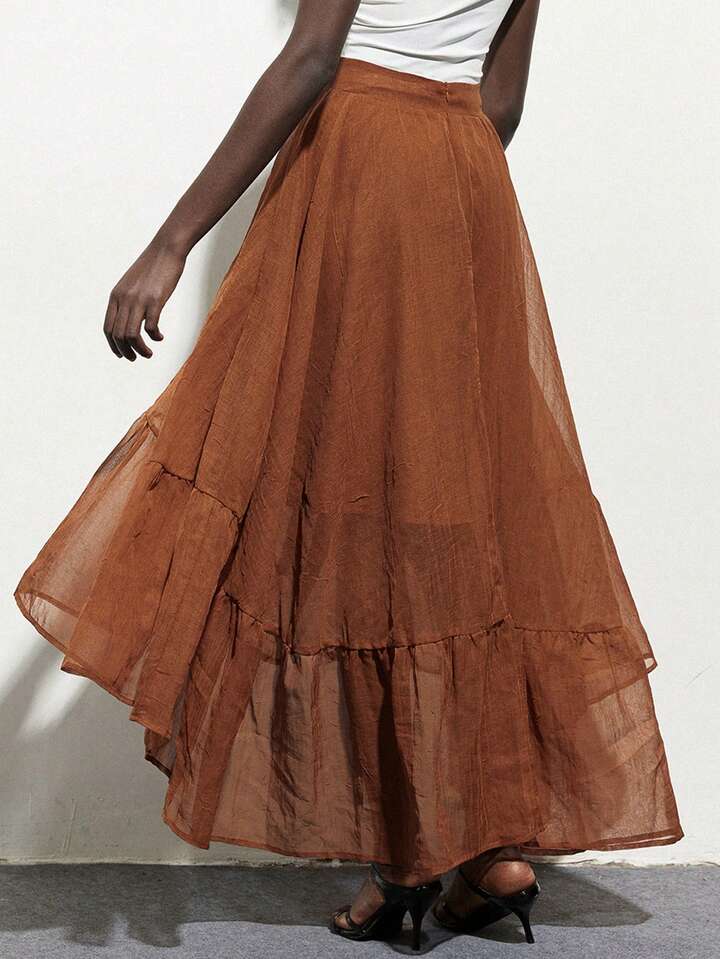 CM-BS228766 Women Casual Seoul Style High Waisted Puffed Layered Ruffle Hem A-Line Skirt - Coffee Brown