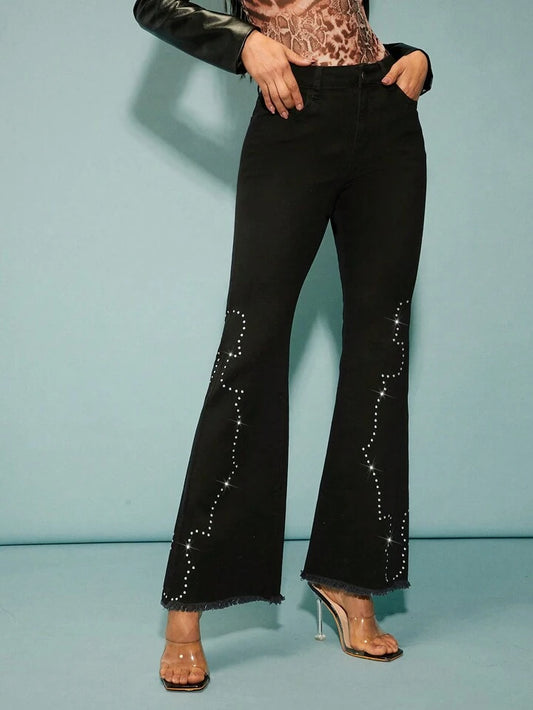 CM-BS010528 Women Casual Seoul Style Zipper Fly Flare Leg Denim Jeans - Black