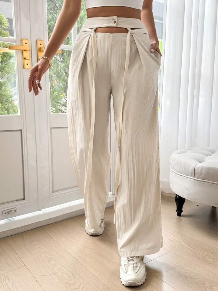 CM-BS539855 Women Trendy Bohemian Style Hollow Out Detail Slanted Pockets Long Pants