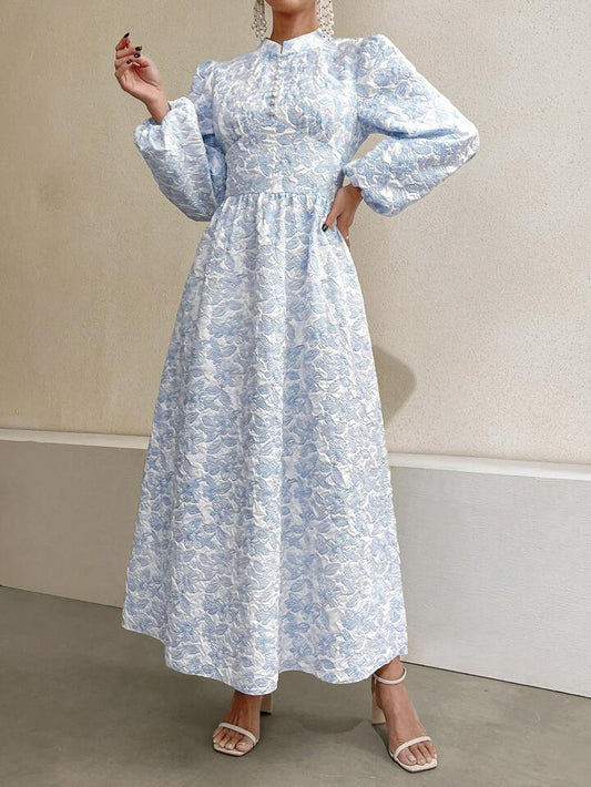 CM-DS096454 Women Casual Seoul Style Stand Collar Faux Pearl Decor Floral Jacquard Long Dress